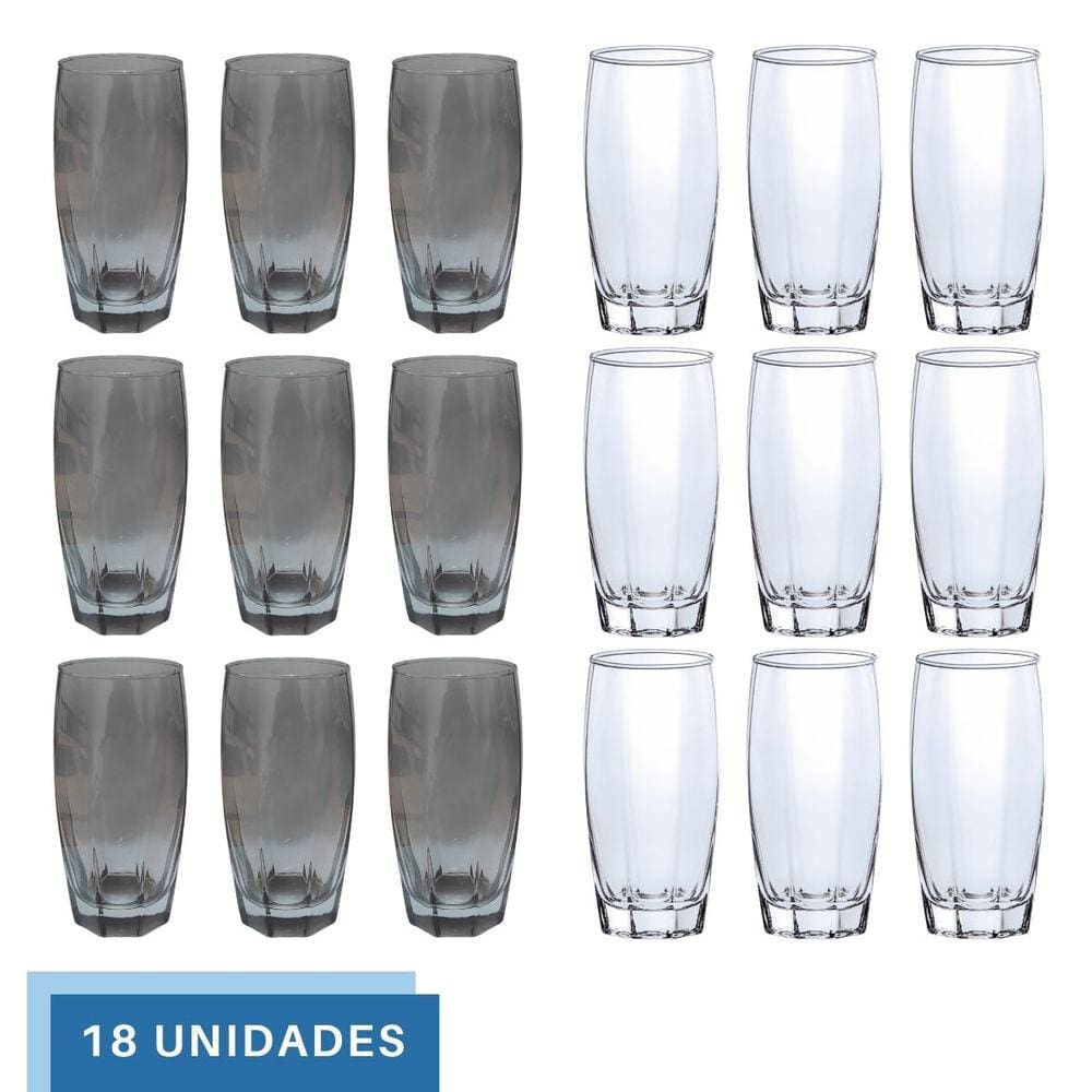 Kit Copos de Vidro 370ml 9 Transparente / 9 Cinza Florida