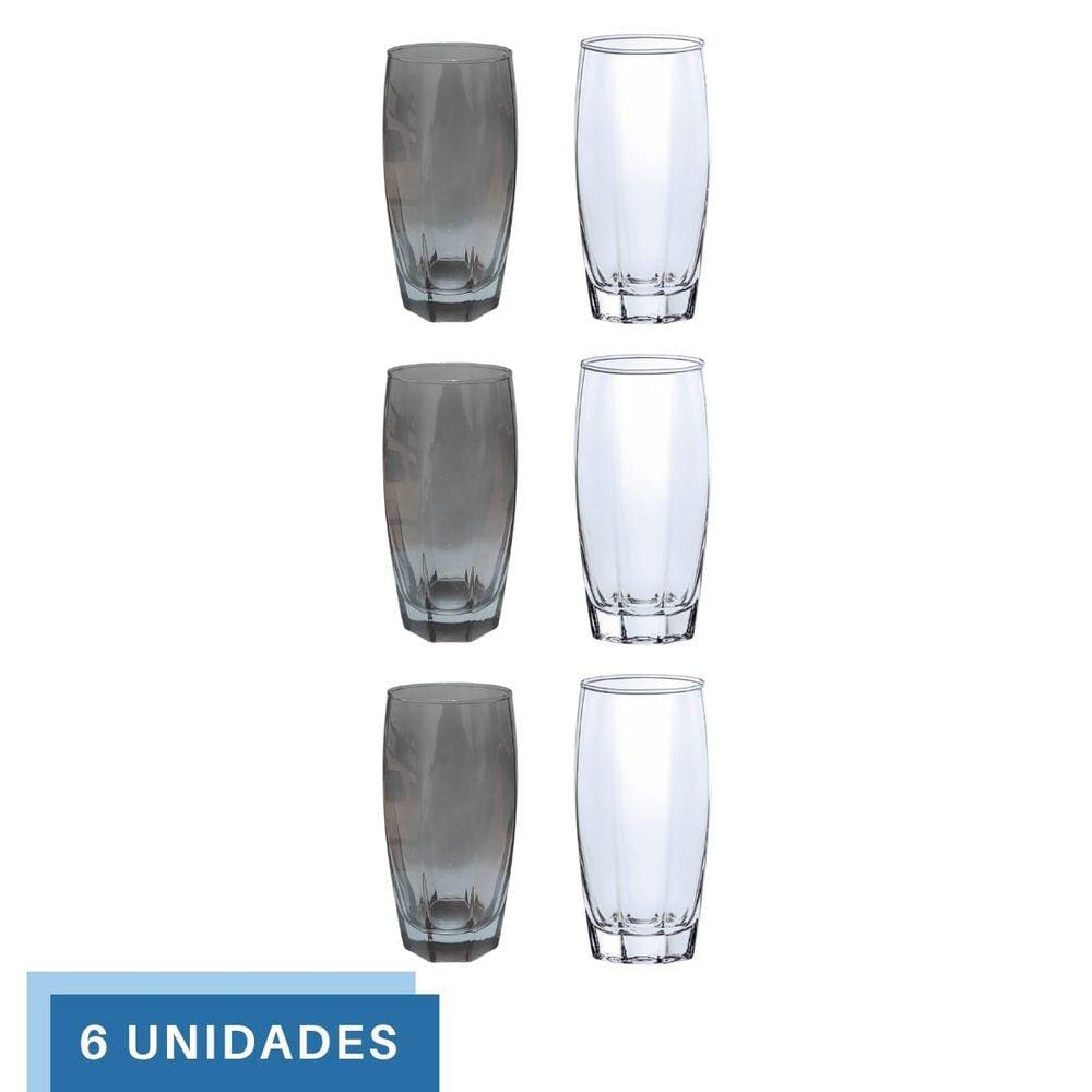 Kit Copos de Vidro 370ml 3 Transparente / 3 Cinza Florida