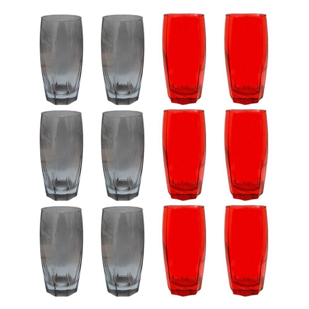 12 Copos de 370ml 6x Cinza 6x Vermelho Florida Vidro