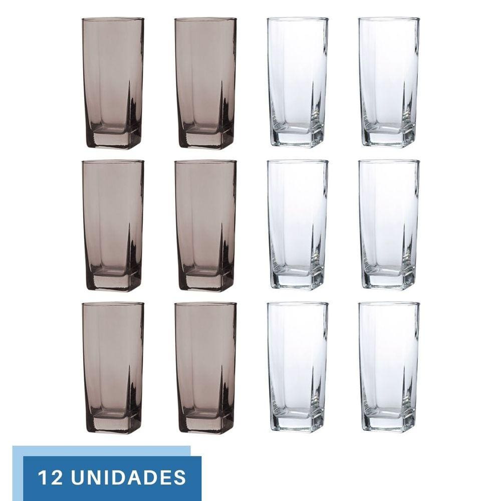 Kit Copos de Vidro 320ml 6 Transparente /6 Cinza Texas Agua