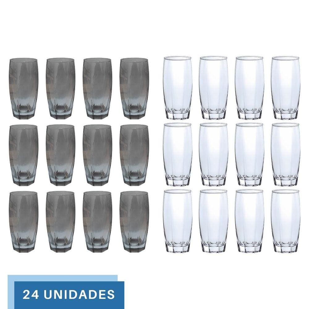 Kit Copos Vidro 370ml 12 Transparente / 12 Cinza Florida