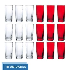 Kit Copos de Vidro 320ml 9 Vermelho / 9 Transparente Texas