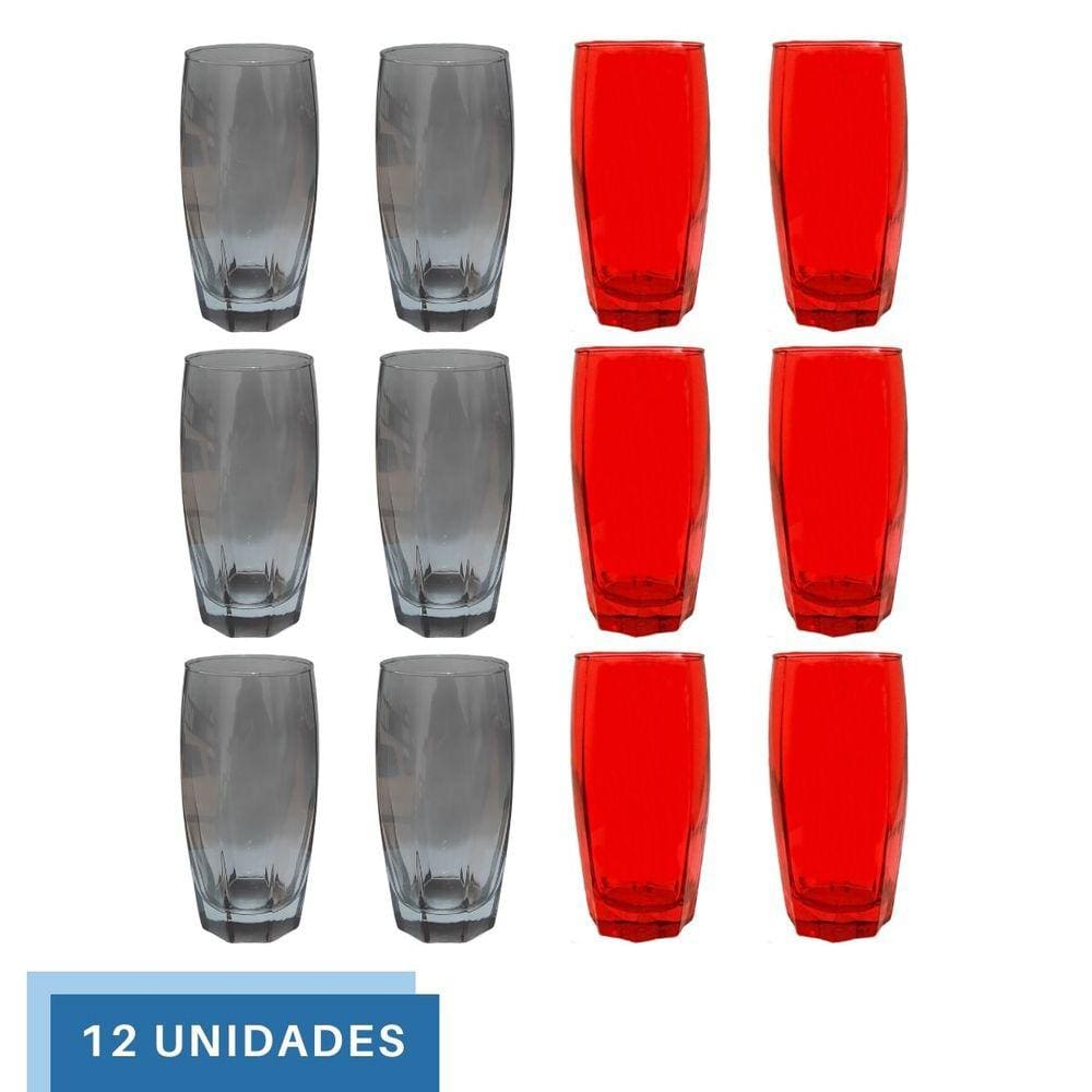 Kit Copos de Vidro 370ml 6 Vermelho / 6 Cinza Florida