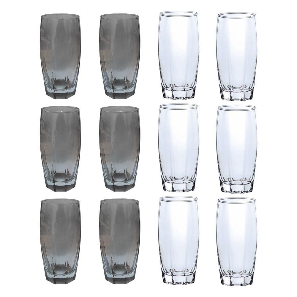 12 Copos de 370ml 6x Cinza 6x Transparente Florida Vidro
