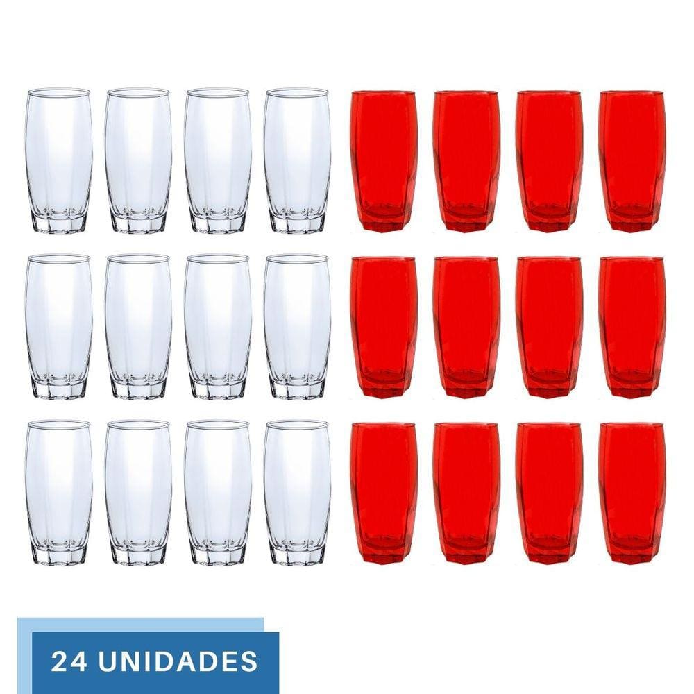 Kit Copo Vidro 370ml 12 Vermelho/12 Transparente Florida