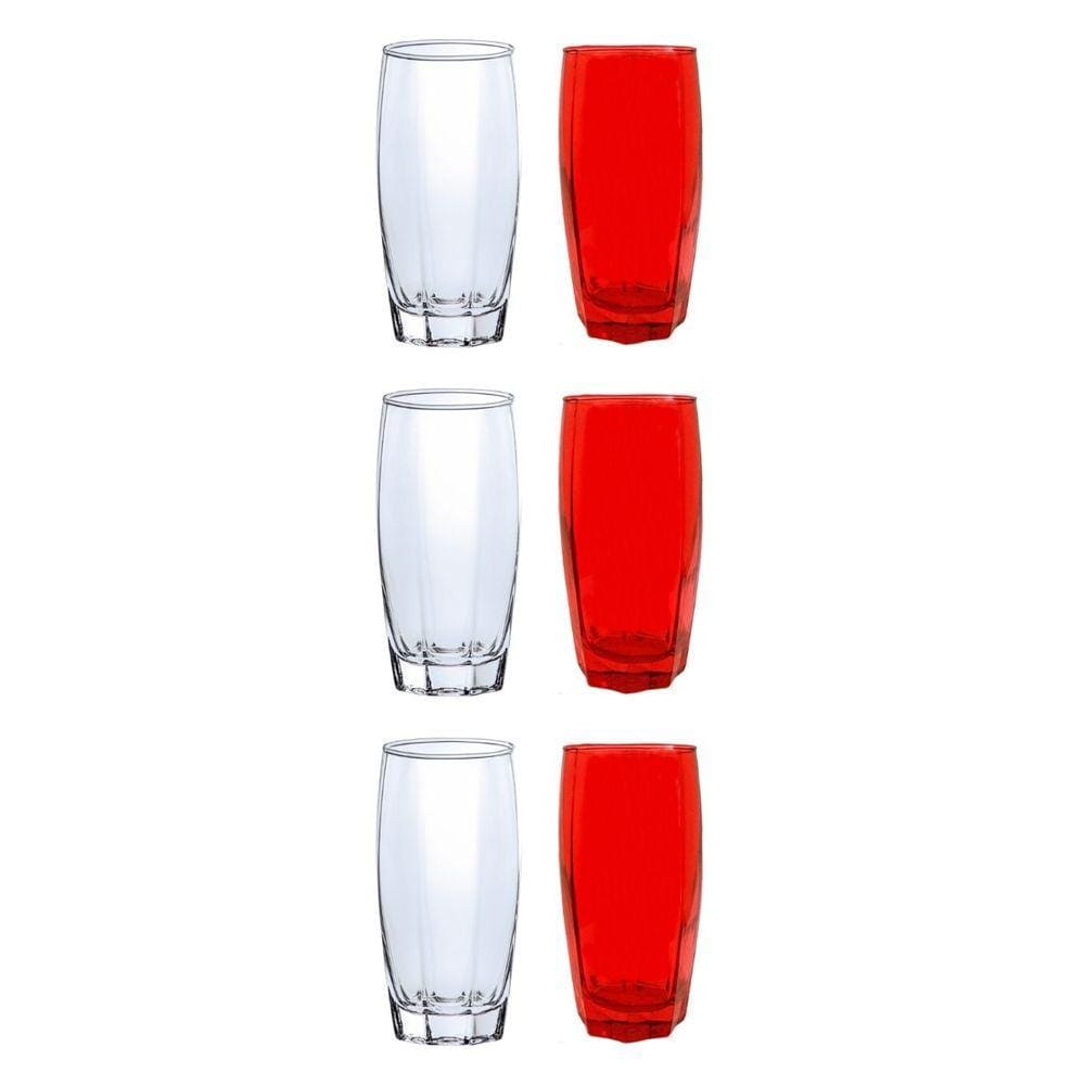 6 Copo 370ml 3x Transparente 3x Vermelho Florida Vidro