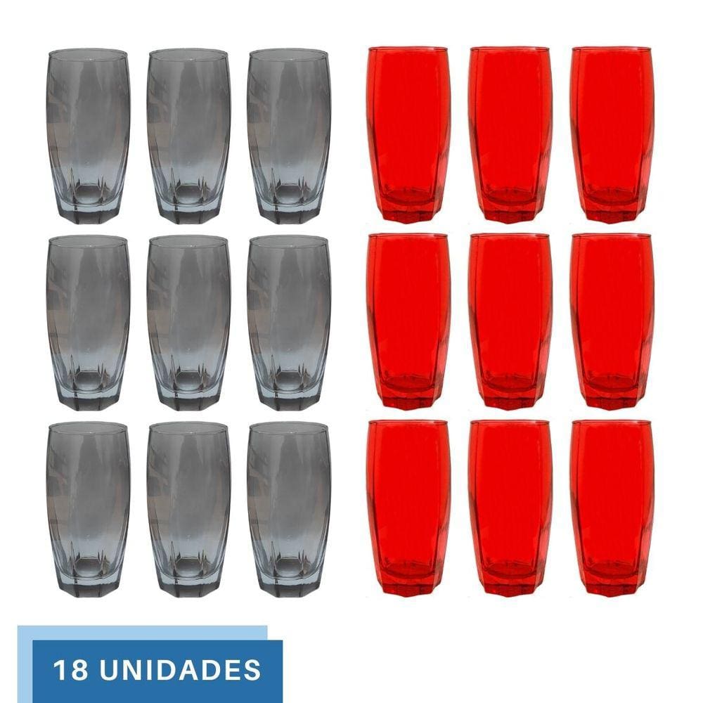 Kit Copos de Vidro 370ml 9 Vermelho / 9 Cinza Florida