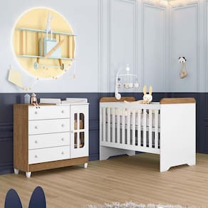 Quarto de Bebê Gabrielle Berço 3 em 1 Cômoda Infantil com Porta Branco Amadeirado Carolina Baby