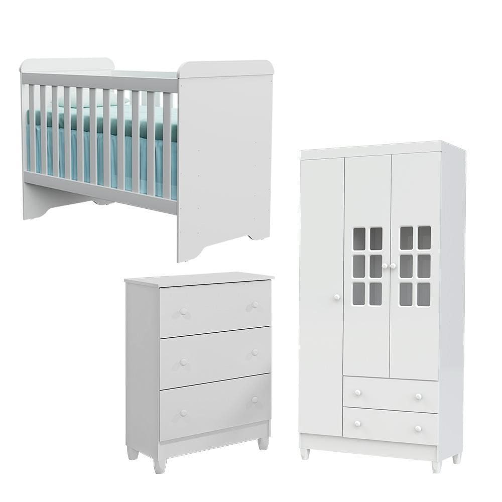 Quarto De Bebê Completo Lara Berço + Guarda Roupa 3 Portas e Cômoda  Fraldário Branco Brilho Carolina Baby