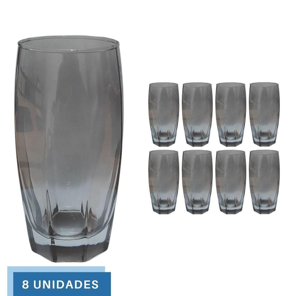 Conjunto com 8 Copos de Vidro Luxo 370ml Florence Cinza