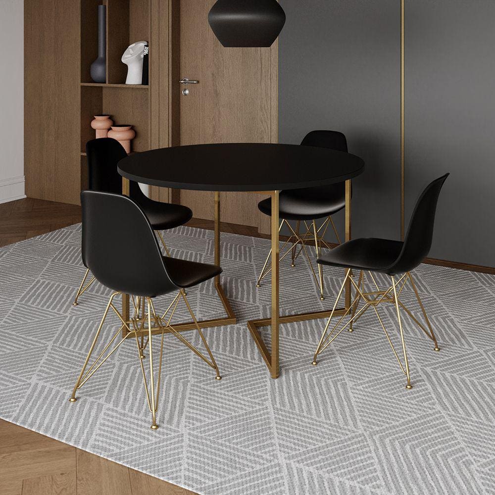 Mesa Jantar Industrial Redonda 110cm Preta Base V Dourada com 4 Cadeiras Eames Eiffel Pretas Base Do