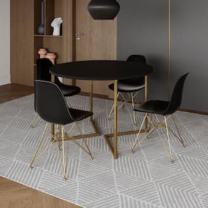 Mesa Jantar Industrial Redonda 110cm Preta Base V Dourada com 4 Cadeiras Eames Eiffel Pretas Base Do