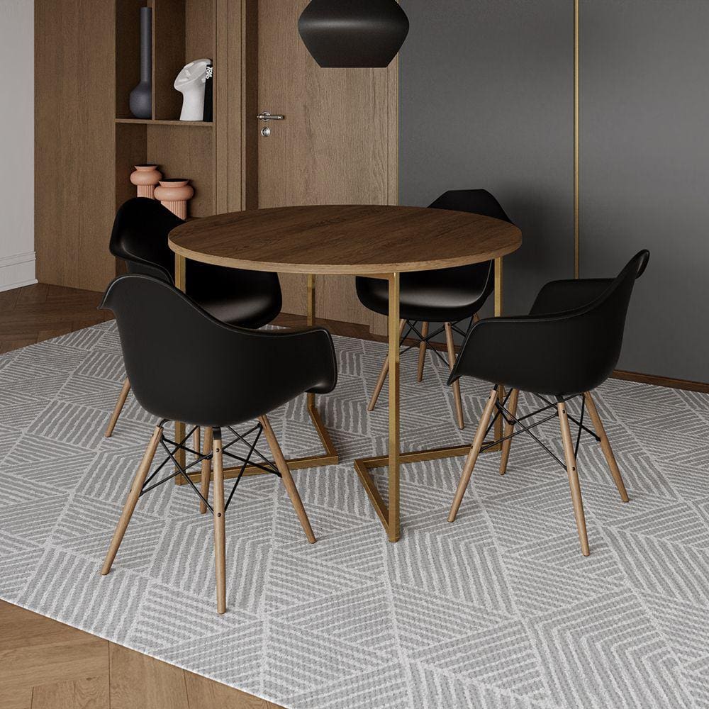 Mesa Jantar Industrial Redonda 110cm Amêndoa Base V Dourada com 4 Poltronas Eames Eiffel Daw Madeira
