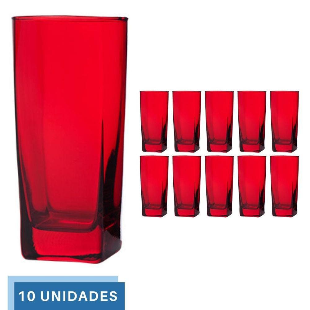 Copo Vidro 320ml Quadrado BALI Jogo com 10 Vermelho Luxo