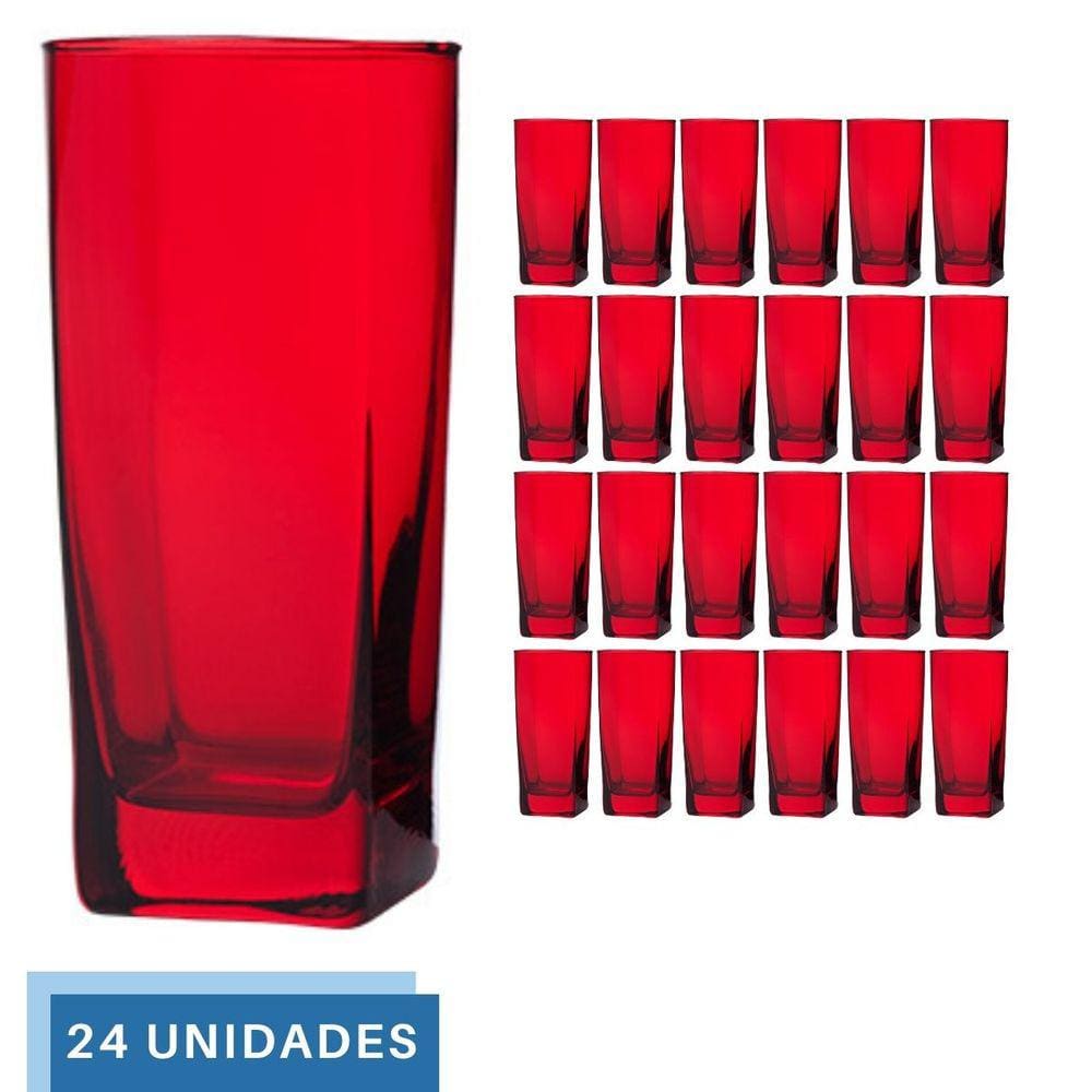 Copo Vidro 320ml Quadrado BALI Jogo com 24 Vermelho Luxo