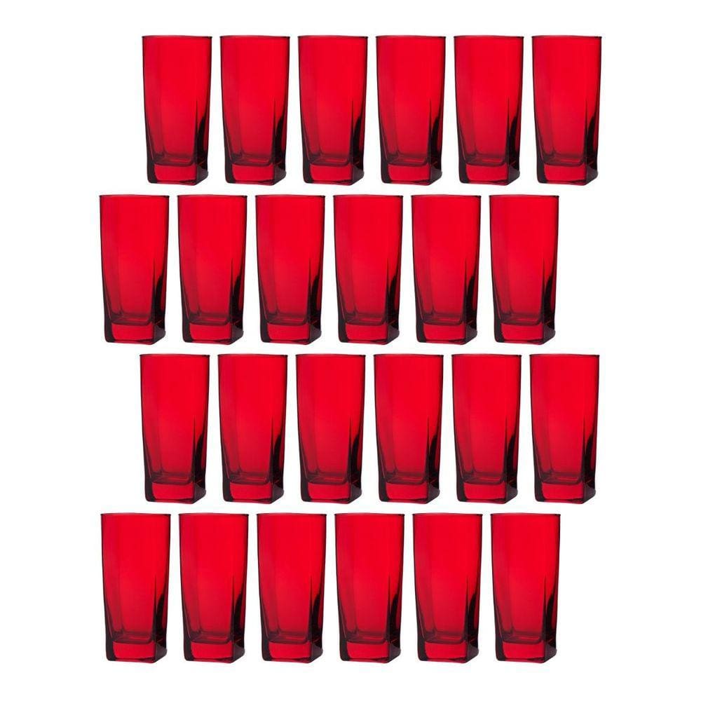 Conjunto Com 24 Copos Vidro Bali Quadrado 320ml Vermelho