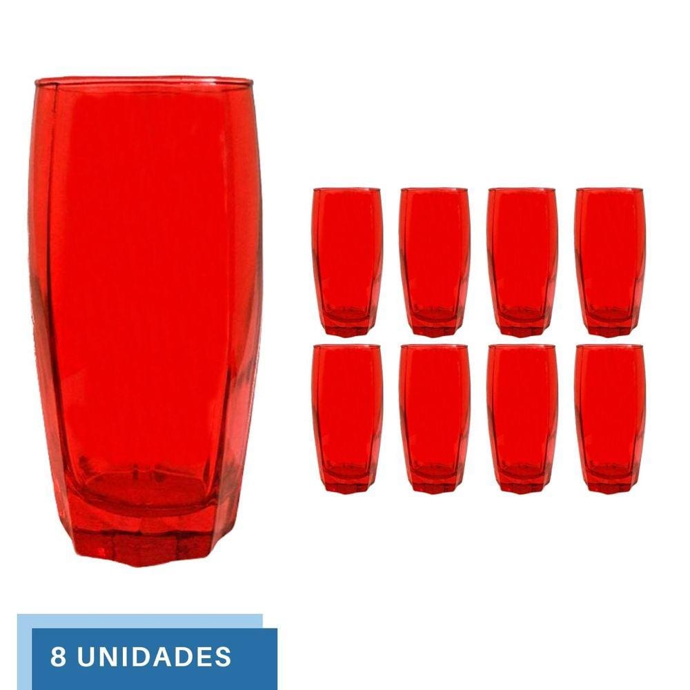 Copos Vidro Jogo com 8 Florence 370ml Vermelho Luxo Almoço