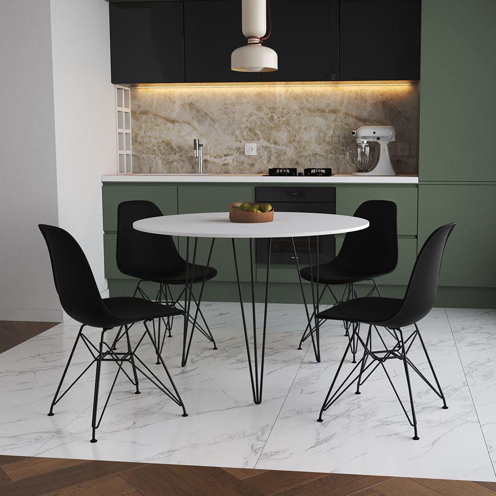 Mesa de Jantar Redonda 90cm Branca Clips 3 Pés com 4 Cadeiras Eames Eiffel Pretas Ferro Preto