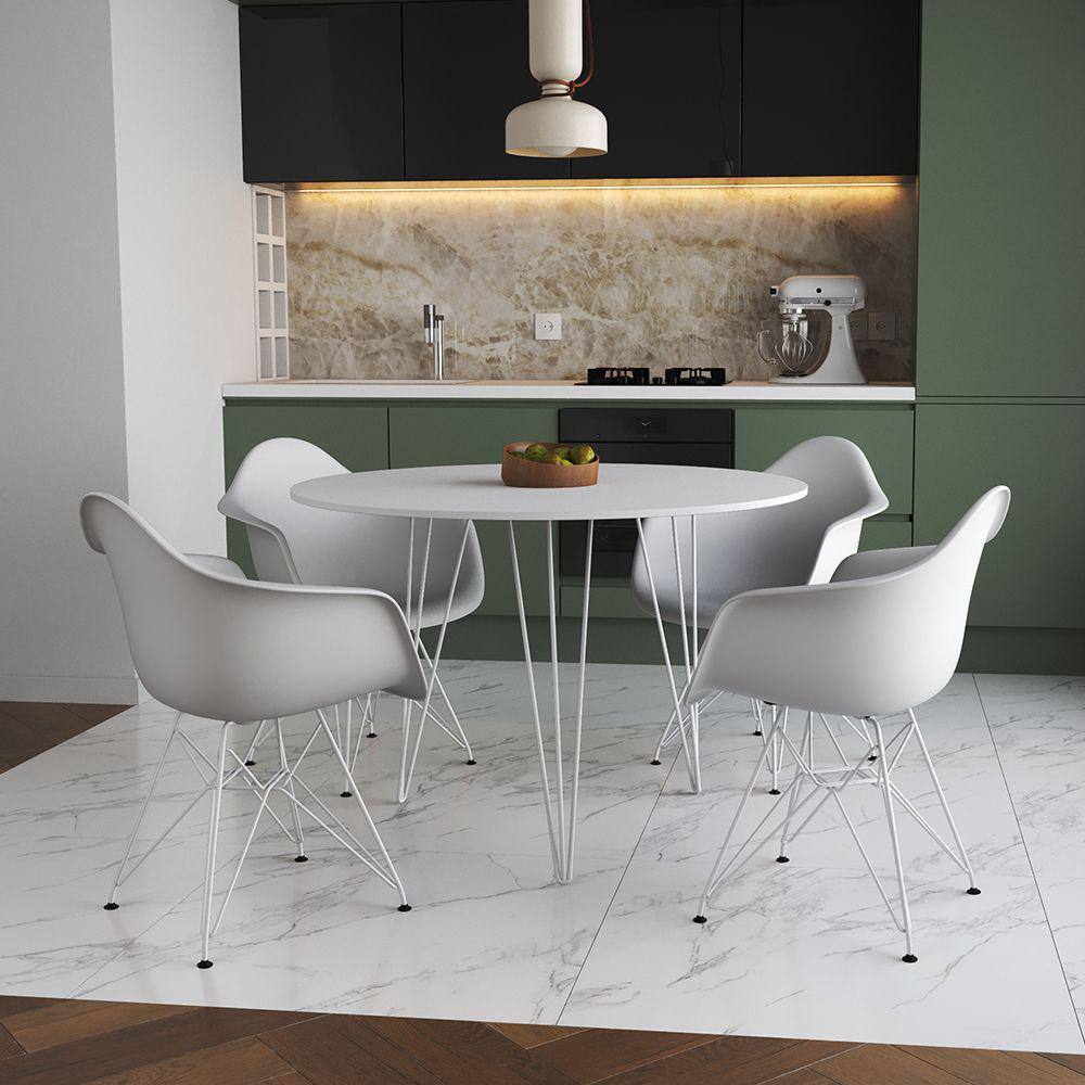 Mesa Jantar Redonda 90cm Branca Clips 3 Pés com 4 Poltronas Eiffel Eames Daw Brancas Ferro Branco