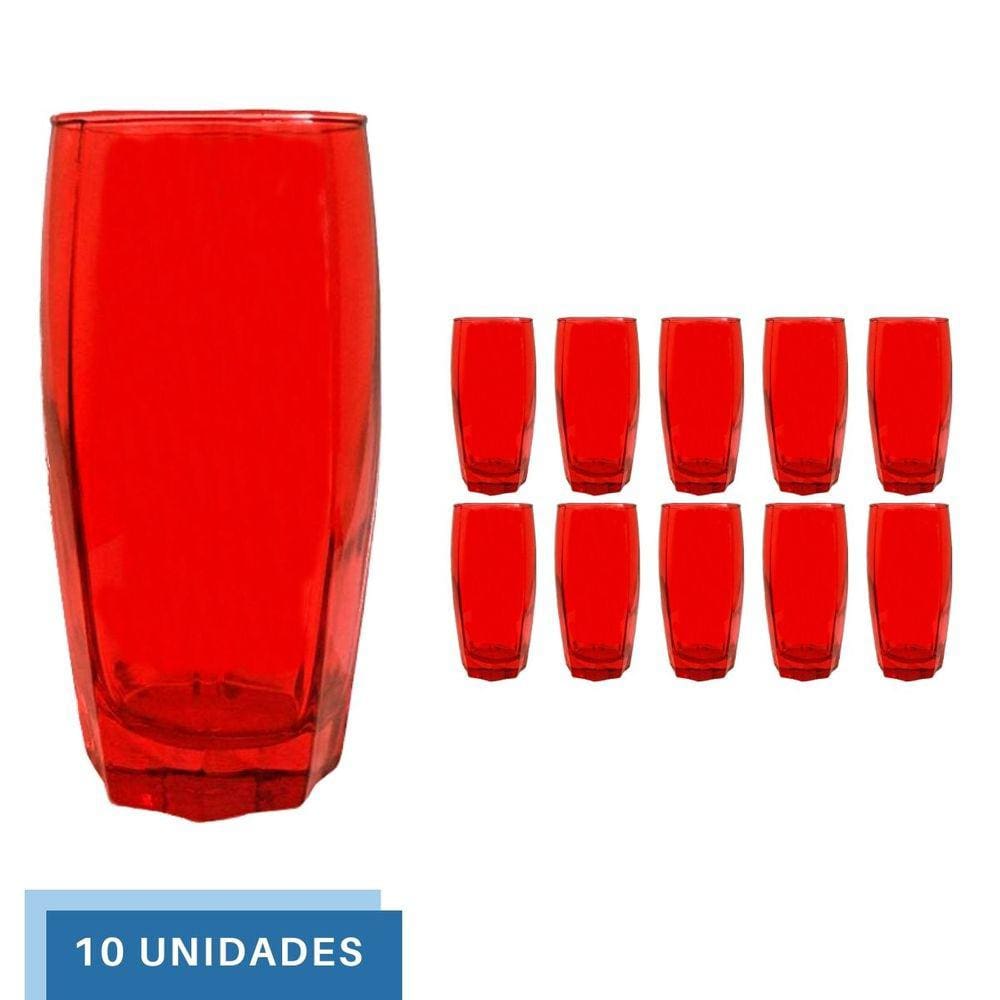 Copos Vidro Jogo com 10 Florence 370ml Vermelho Luxo Almoço