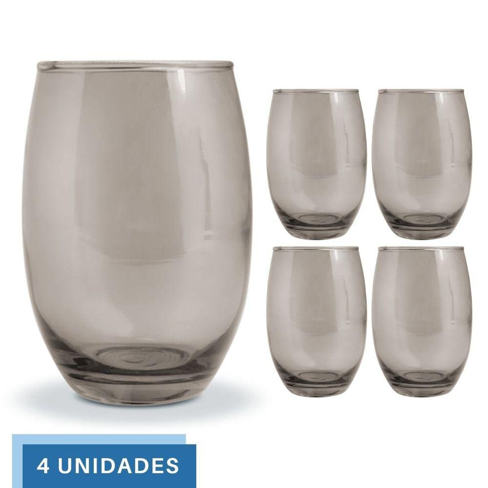 Copo De Vidro 450ml Redondo BELLAGIO Jogo com 4 Cinza Luxo