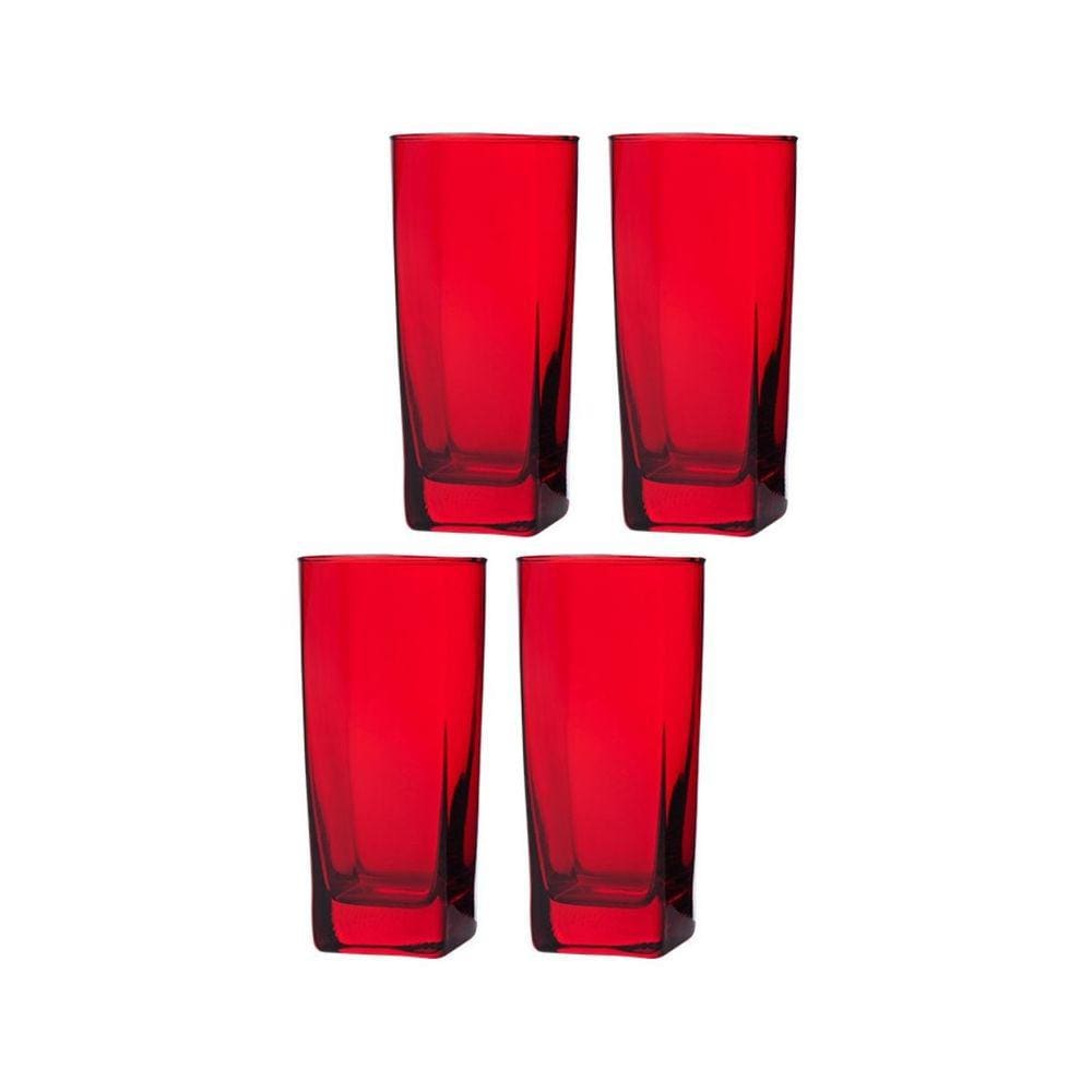 Copo Vidro 320ml Quadrado BALI Jogo com 4 Vermelho Luxo