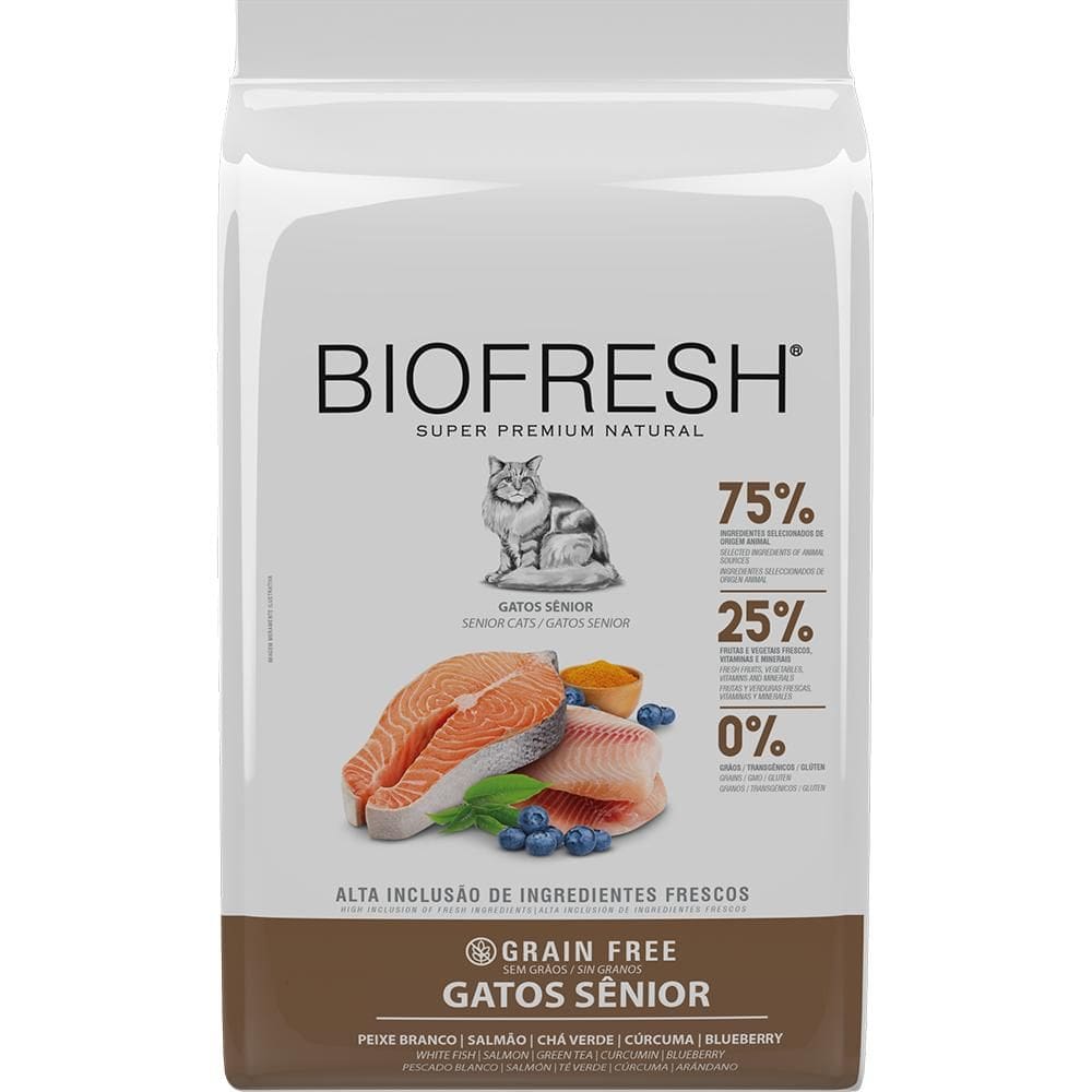 Ração Seca Biofresh Peixe Branco, Salmão, Chá Verde, Cúrcuma e Blueberry para Gatos Sênior - 7,5 Kg