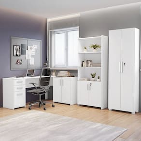 Conjunto Home Office 3 Peças 1 Mesa em L 2 Gavetas 3 Portas 2 Armários Espresso Móveis Branco