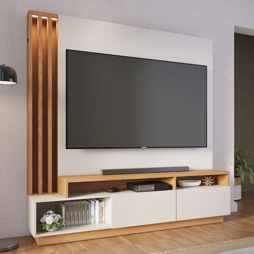 imagem-Estante Home Theater com Led Para TV até 75 Polegadas 2 Portas Humaitá Colibri Off White Matte/Freijó - Branco