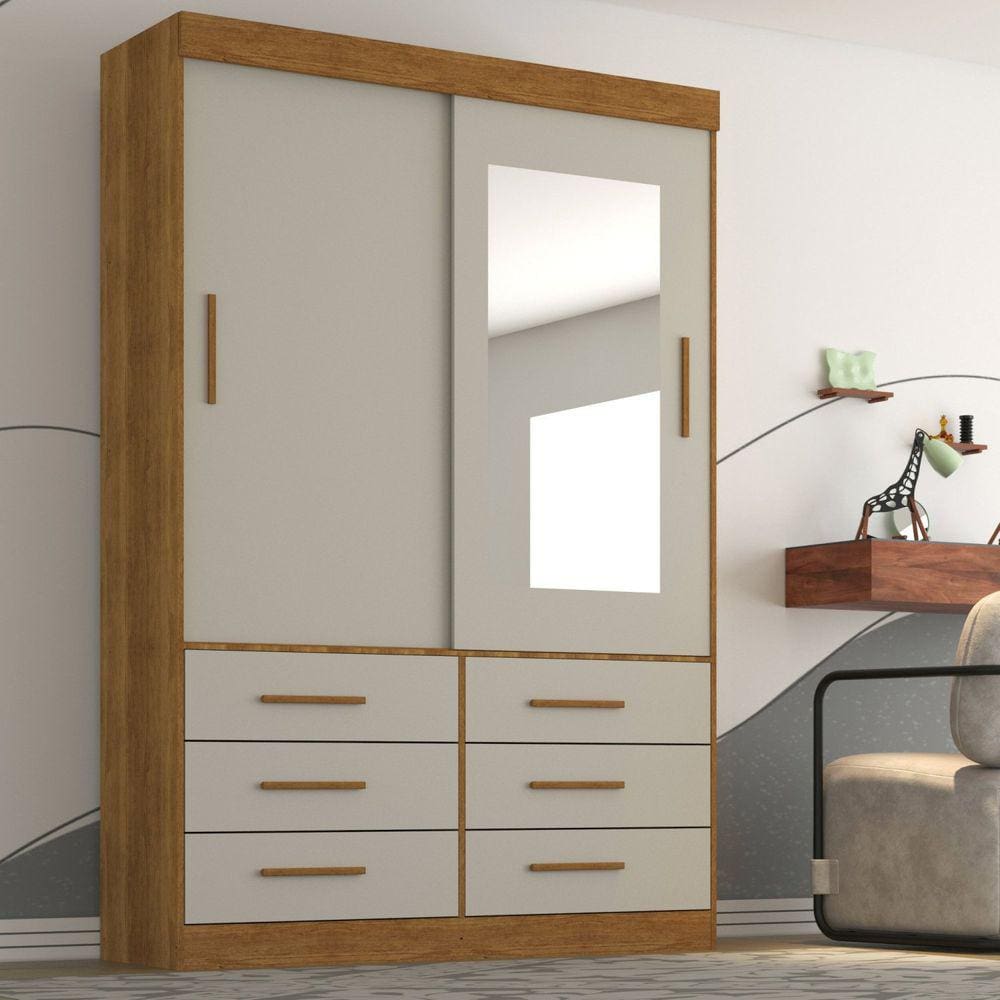 Guarda Roupa Solteiro 2 Portas com Espelho 6 Gavetas Luana Sallêto Móveis Cinamomo/Off White
