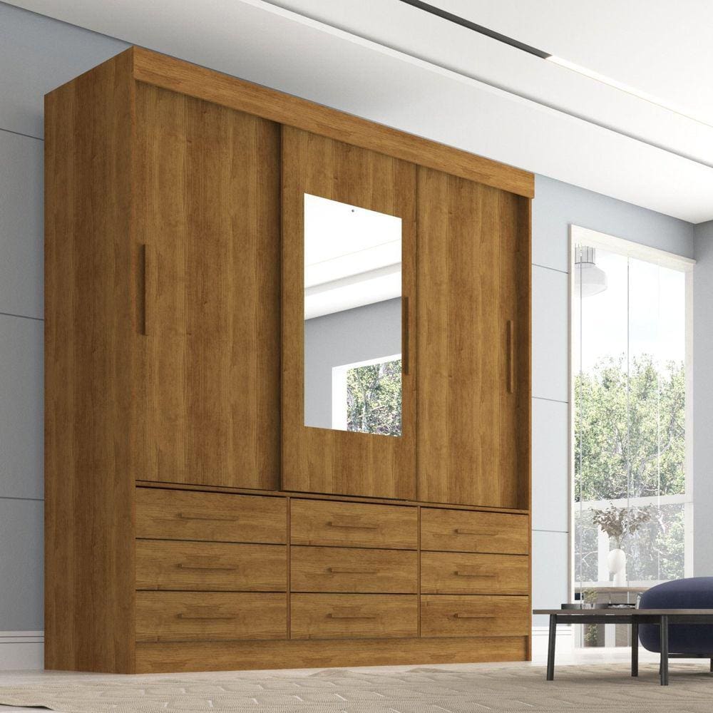 Guarda Roupa Casal 3 Portas 9 Gavetas com Espelho Luana Sallêto Móveis Cinamomo