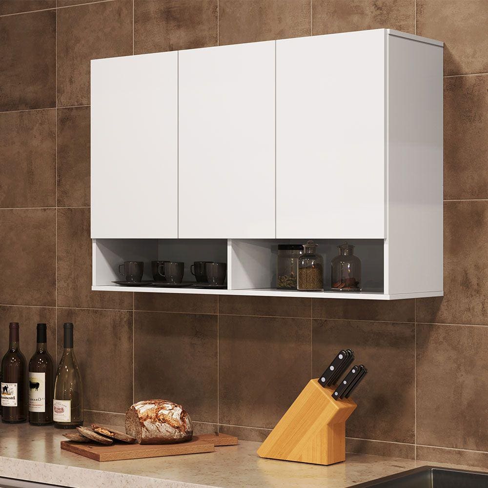 Armário Aéreo Multiuso 03 Portas e 02 Nichos 90 cm Milão Branco