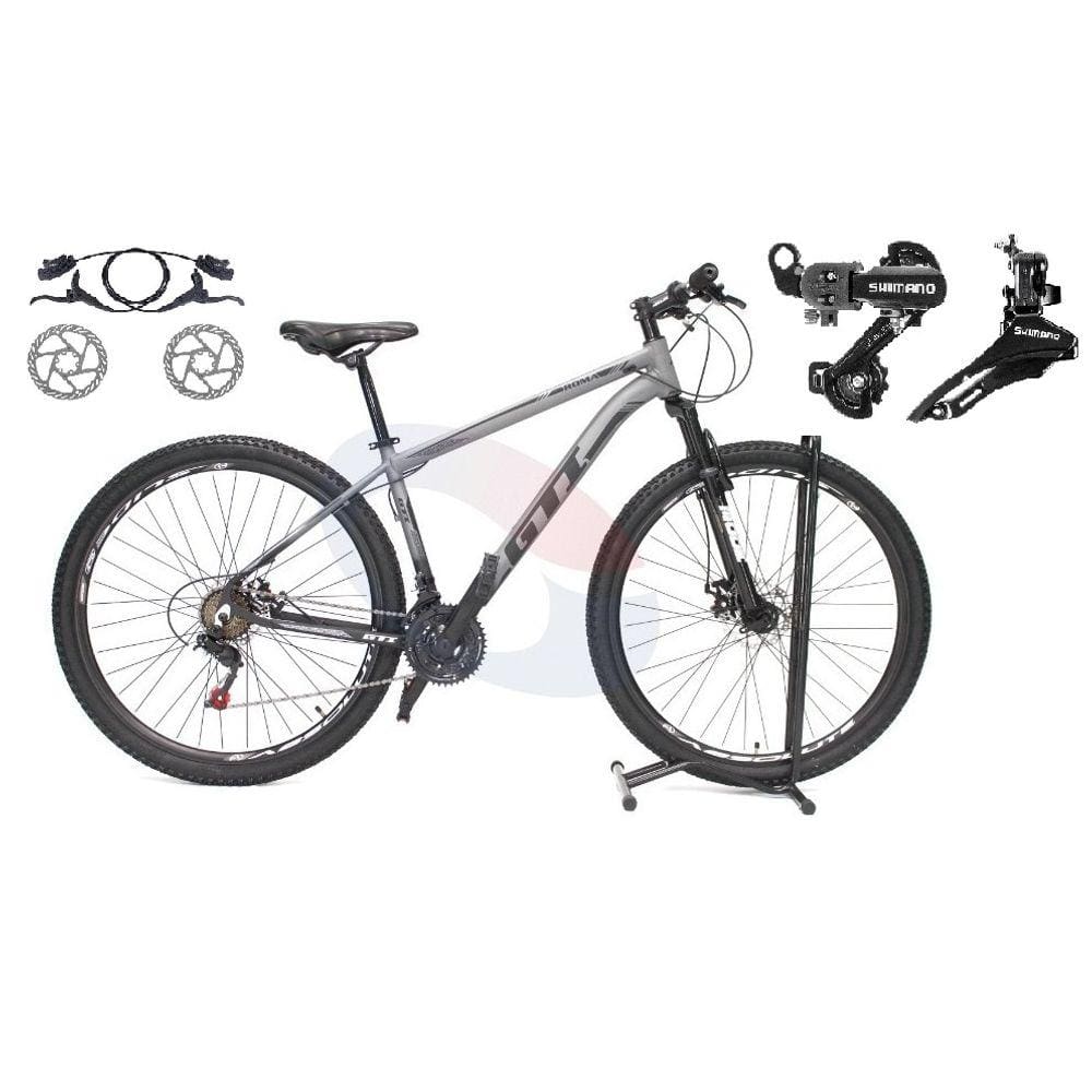 Bicicleta Aro 29 Gti Roma 21v Alumínio Câmbios Shimano Freio a Disco Hidráulico Garfo Com Suspensão - Cinza/Preto