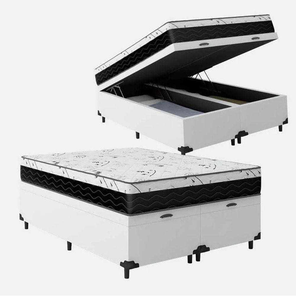 Cama Box Baú Casal 138 Bipartido Tecido Sintético Branco com Colchão One Face D33 - Bello Box - 58x138x188cm