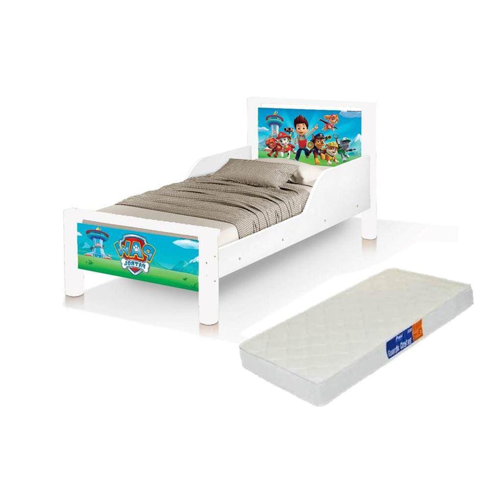 mini cama juvenil dos Patrulha Canina infantil retro proteção lateral branca com colchão