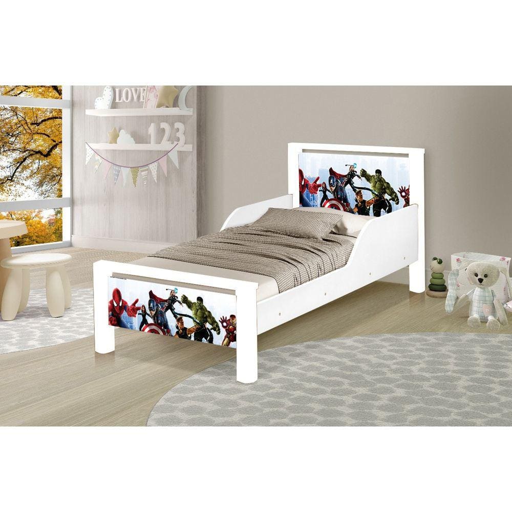 cama juvenil retro branco com pes madeira dos vingadores