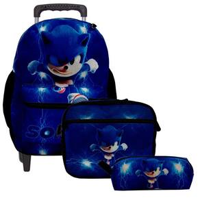 Mochila Escolar Juvenil Menino Sonic Jogo Lancheira Estojo na