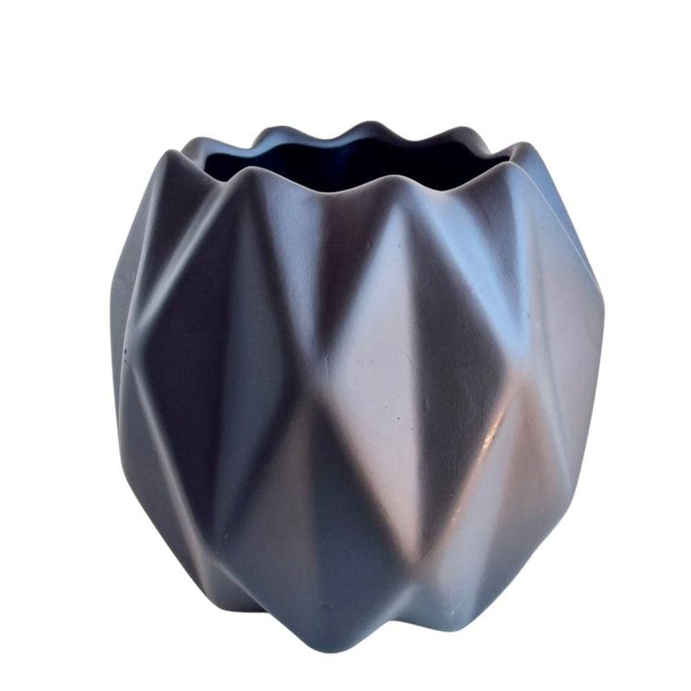 Vaso cachepot preto fosco geométrico 3D enfeite de mesa