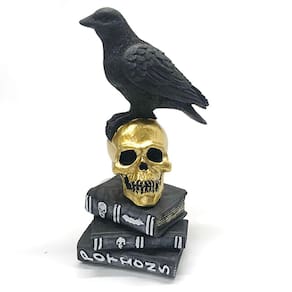 Corvo e Caveira Cranio Esqueleto Livros Estatueta em Resina - Dourado