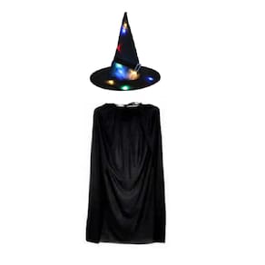 Fantasia Bruxo Bruxa Mago C/ Chapéu Led Preto e Capa Preta