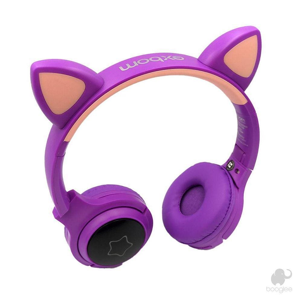 Fone de ouvido roxo com olhelha de gato