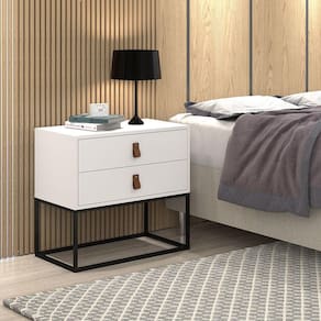 Mesa Cabeceira Branco 2 Gavetas C/Puxador de Couro Estilo Industrial