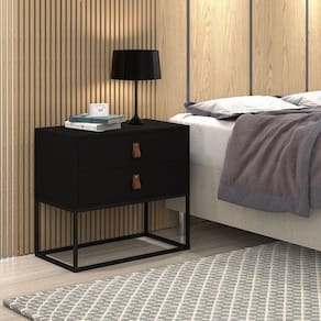 Mesa De Cabeceira Preto Estilo Industrial 2 Gavetas Puxador em Couro Base de Ferro Preto