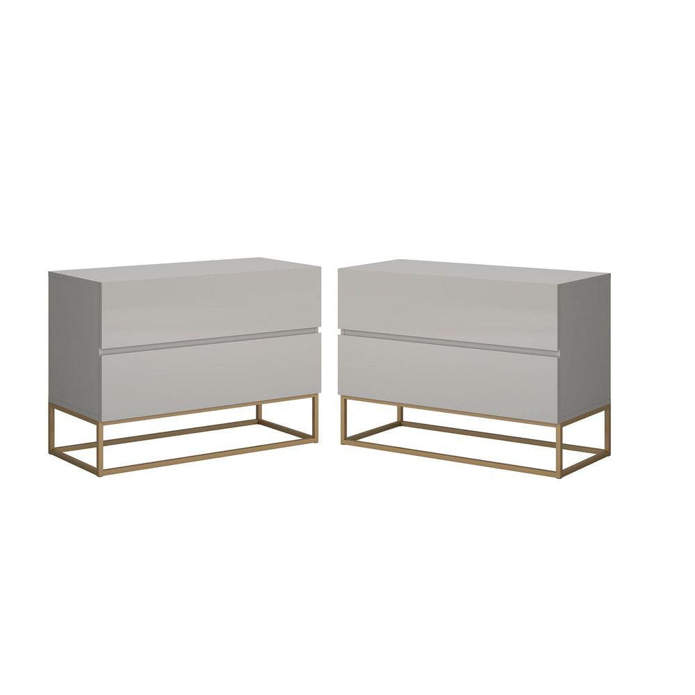 Kit 2 Mesa Cabeceira Eros 60Cm Estilo Industrial Com Base De Ferro Off White/Dourado