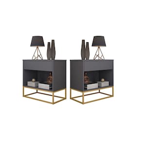 Kit 2 Mesa Cabeceira Industrial Malta Cinza Pés De Ferro Dourado