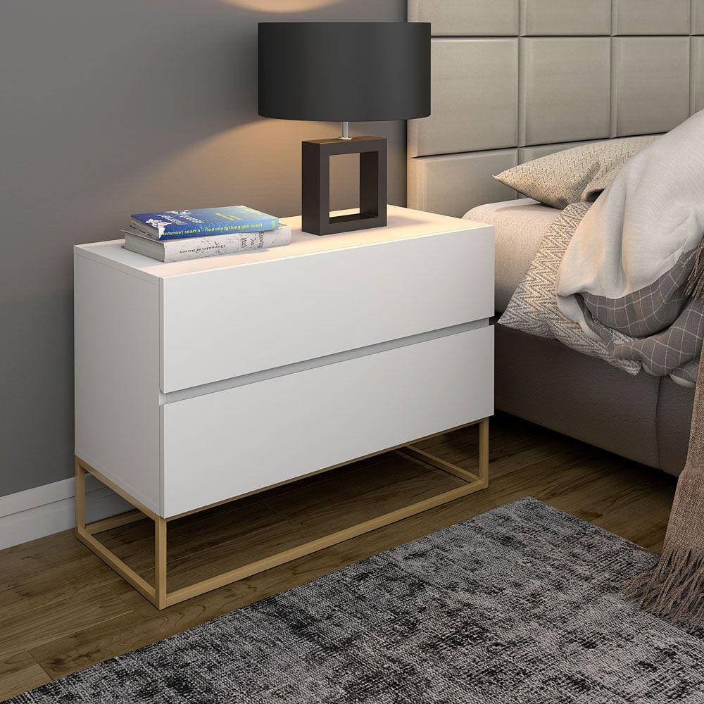 Mesa Cabeceira Eros 60 Branco Pés Dourado Estilo Industrial