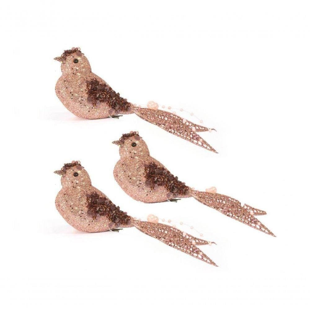 Kit Passarinho Natal Full Glitter Pérolas Rosê 16cm 3 Un