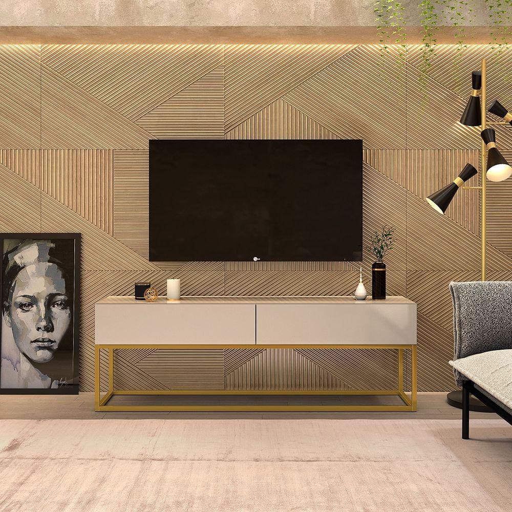 Rack Bancada Para Sala Tv Ate 50 Polegadas Off White/Dourado