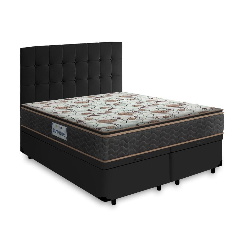 Cama Box Baú + Cabeceira Cassis Preta e Colchão D45 Queen Probel GuardaCostas Proforce Plus 158cm