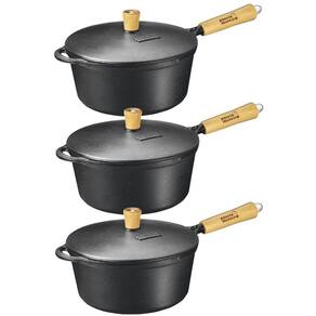 Kit Caçarolas de Ferro Tampa Ferro Cabo Madeira 19,21 e 25cm